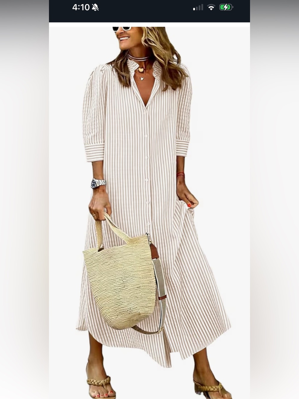 Button-Front Striped Maxi Shirt Dress in Beige